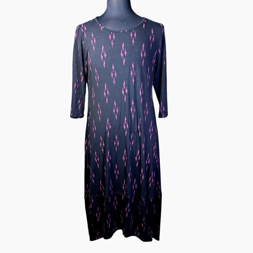 Kozan Women 1X Black Purple Ikat Print 3/4 Sleeve Jersey Knit Midi Dress Stretch